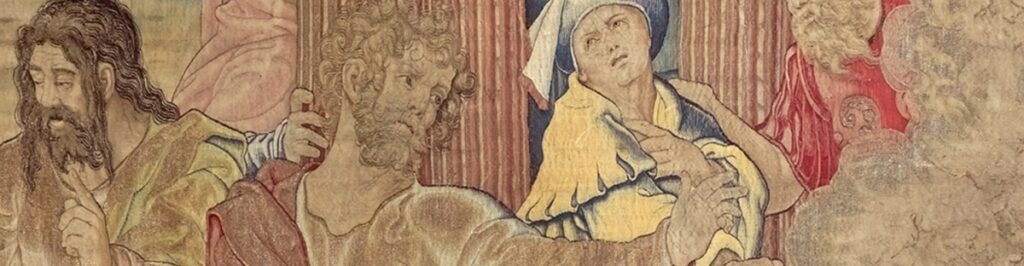 Tapicería renacentista con personajes históricos, arte en tela.